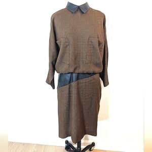 VTG Et Al Ronnie Rosado herringbone & faux leather 80s career midi dress. 12.